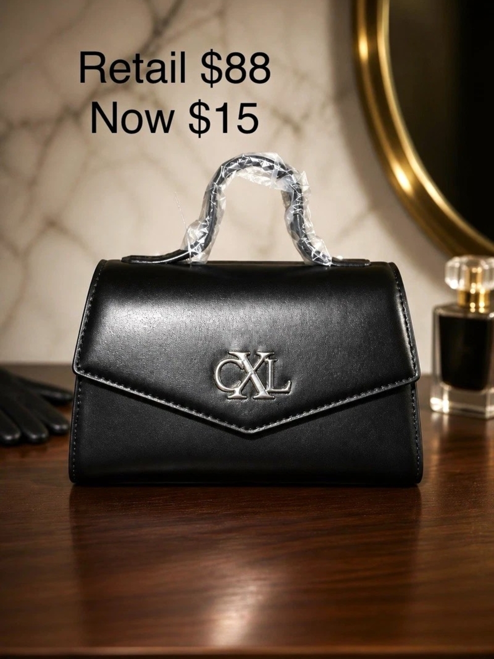 Women’s Black Small Crossbody Top Handle Bag, Magnetic Closure, Silver Logo
